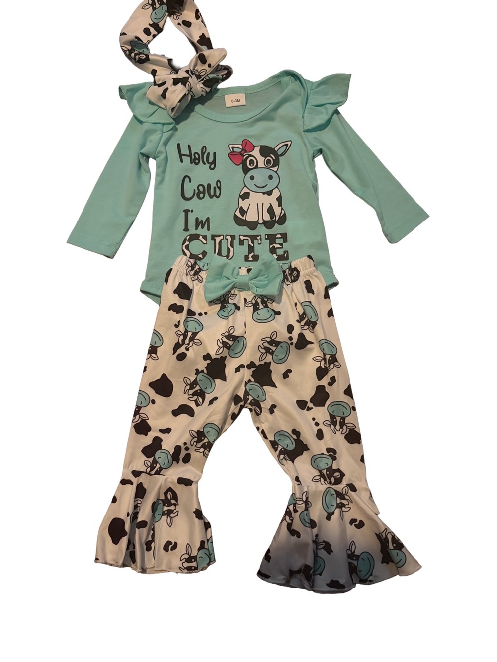Cow Graphic Ruffle Baby Girl Outfit with Matching Headband